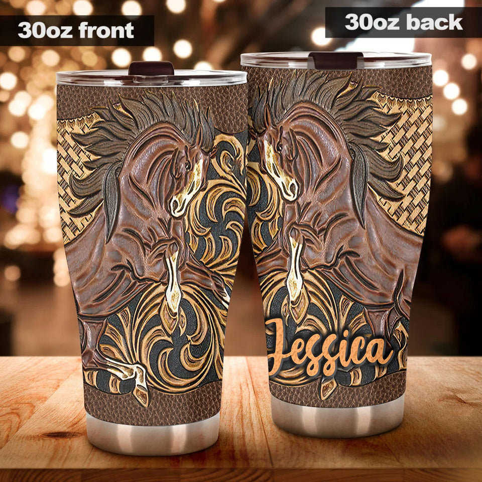 Camellia Personalized Horse Leather Style Stainless Steel Tumbler - Double-Walled Insulation Vacumm Flask - Gift For Horse Lovers, Cowgirls, Cowboys, Perfect Christmas, Thanksgiving Gift 05