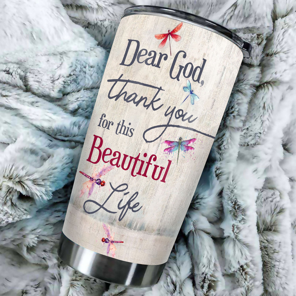 Camellia Personalized Dragonfly Flowers Dear God Thank You For This Beautiful Life Stainless Steel Tumbler - Customized Double-Walled Insulation Travel Thermal Cup With Lid Gift For Christian