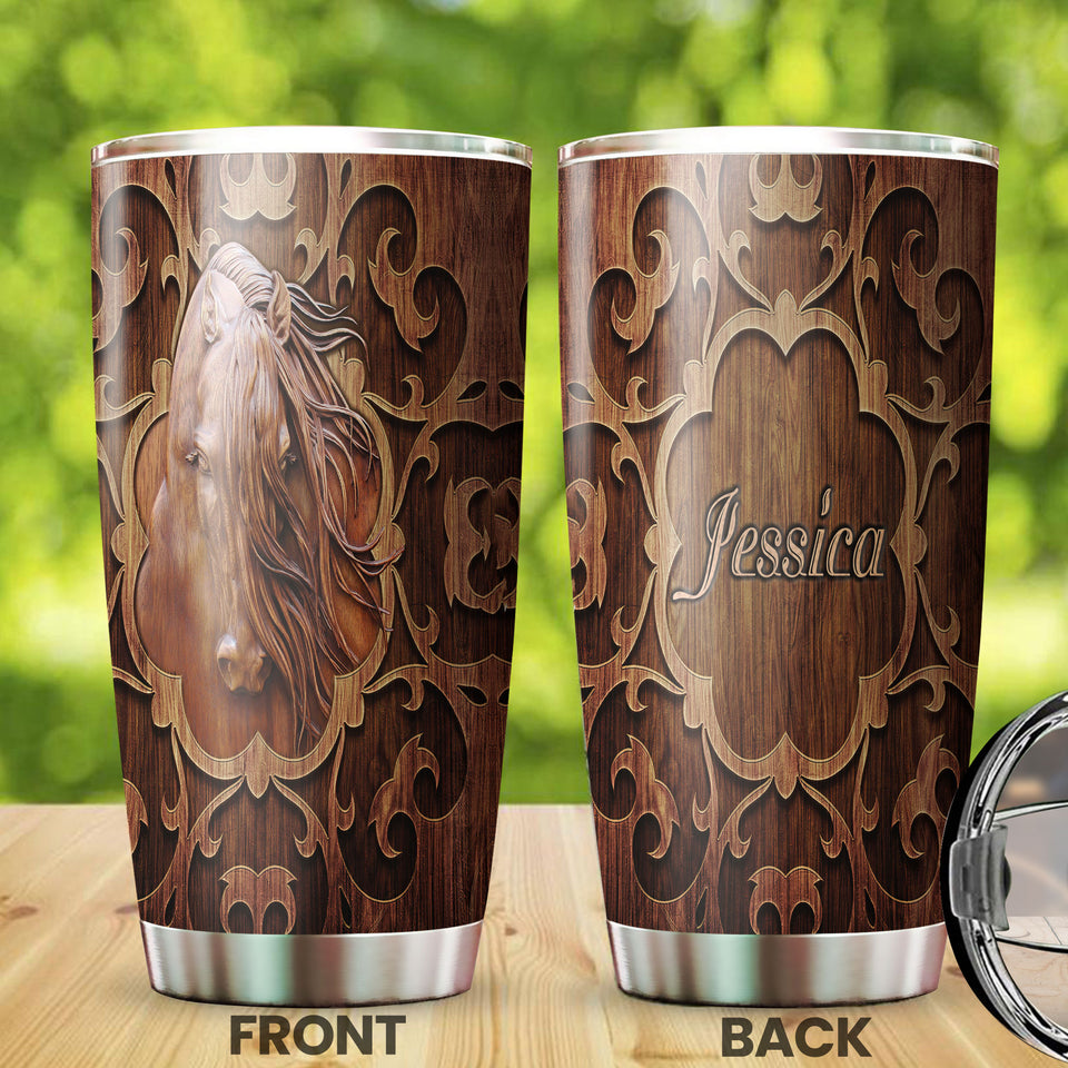 Camellia Personalized Horse Wood Style Stainless Steel Tumbler - Double-Walled Insulation Vacumm Flask - Gift For Horse Lovers, Cowgirls, Cowboys, Perfect Christmas, Thanksgiving Gift