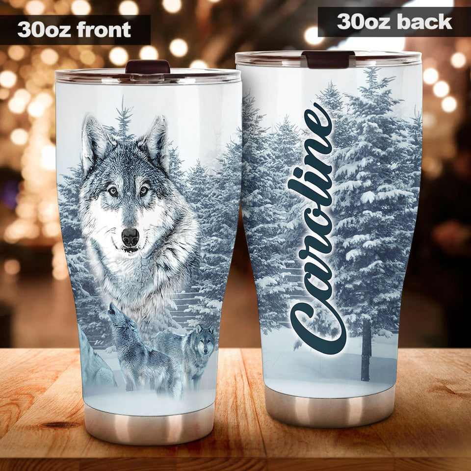 Camellia Persionalized 3D Wolf In Forest Stainless Steel Tumbler - Customized Double - Walled Insulation Travel Thermal Cup With Lid Gift For Wolf Lover