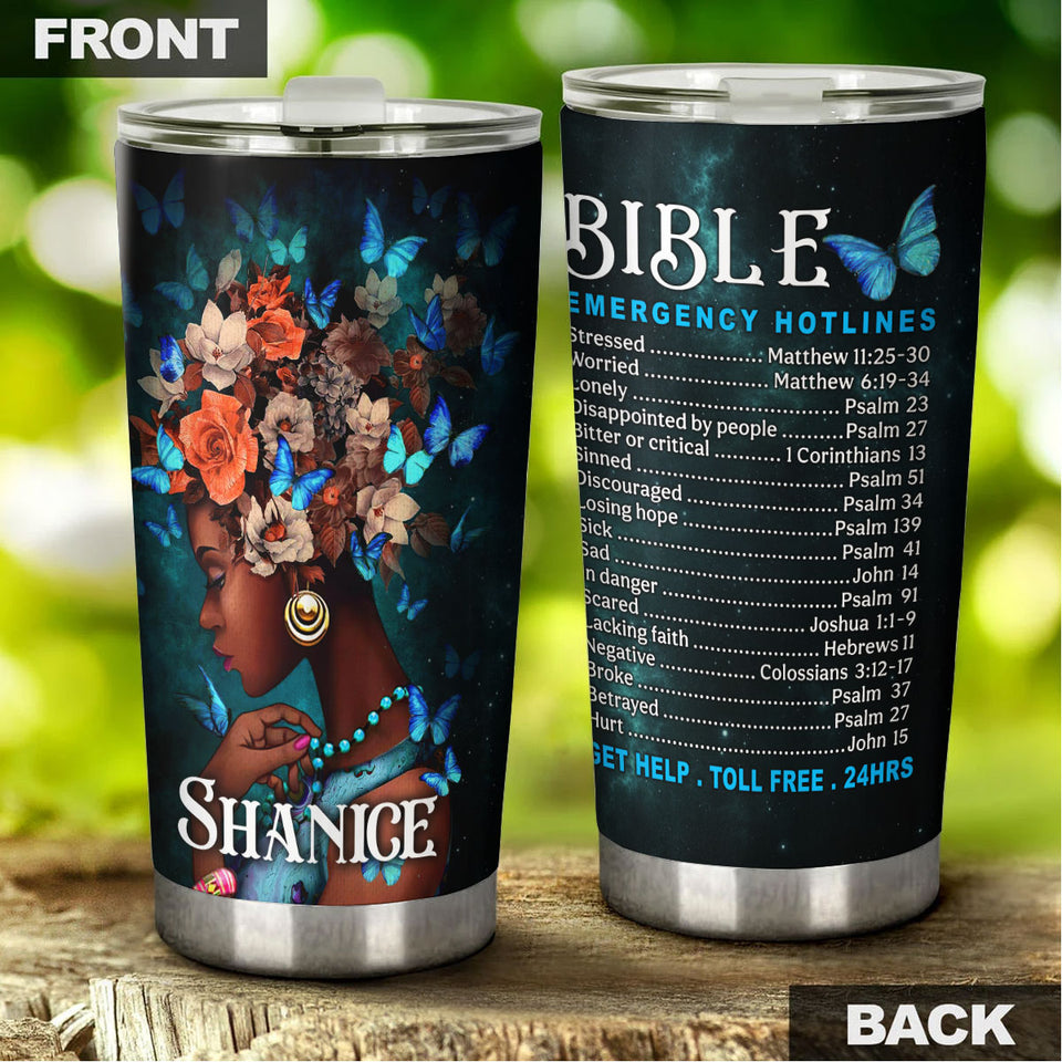 Camellia Personalized Black Women Bible Hotlines Stainless Steel Tumbler - Double-Walled Insulation Vacumm Flask - Gift For Black Queen, International Women's Day, Hippie Girls