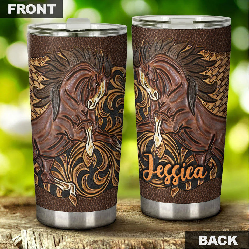 Camellia Personalized Horse Leather Style Stainless Steel Tumbler - Double-Walled Insulation Vacumm Flask - Gift For Horse Lovers, Cowgirls, Cowboys, Perfect Christmas, Thanksgiving Gift 05