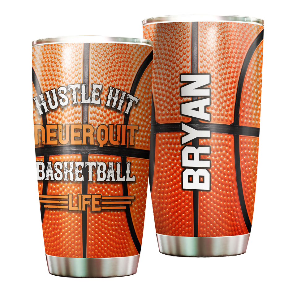 Camellia Persionalized Basketball Hustle Hit Never Quit Stainless Steel Tumbler - Customized Double - Walled Insulation Travel Thermal Cup With Lid Gift For Basketball Player
