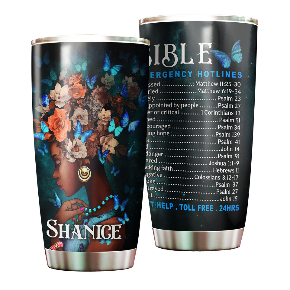 Camellia Personalized Black Women Bible Hotlines Stainless Steel Tumbler - Double-Walled Insulation Vacumm Flask - Gift For Black Queen, International Women's Day, Hippie Girls