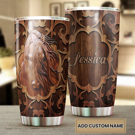 Camellia Personalized Horse Wood Style Stainless Steel Tumbler - Double-Walled Insulation Vacumm Flask - Gift For Horse Lovers, Cowgirls, Cowboys, Perfect Christmas, Thanksgiving Gift