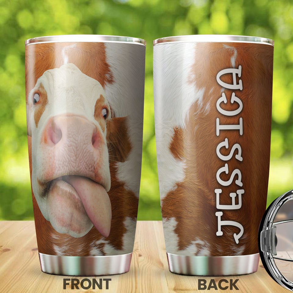 Camellia Personalized 3D Funny Cow Stainless Steel Tumbler - Customized Double-Walled Insulation Travel Thermal Cup With Lid