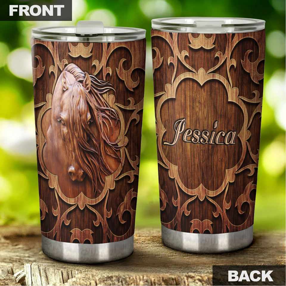 Camellia Personalized Horse Wood Style Stainless Steel Tumbler - Double-Walled Insulation Vacumm Flask - Gift For Horse Lovers, Cowgirls, Cowboys, Perfect Christmas, Thanksgiving Gift