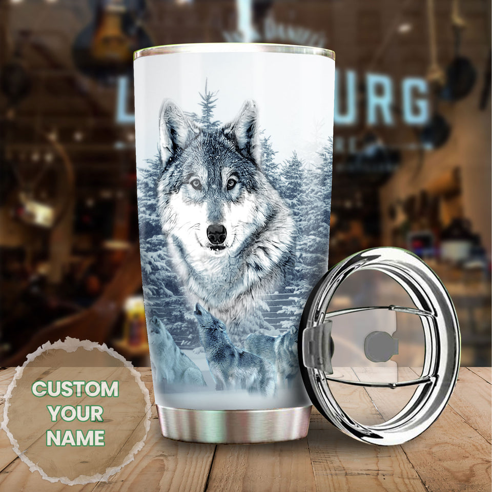 Camellia Persionalized 3D Wolf In Forest Stainless Steel Tumbler - Customized Double - Walled Insulation Travel Thermal Cup With Lid Gift For Wolf Lover