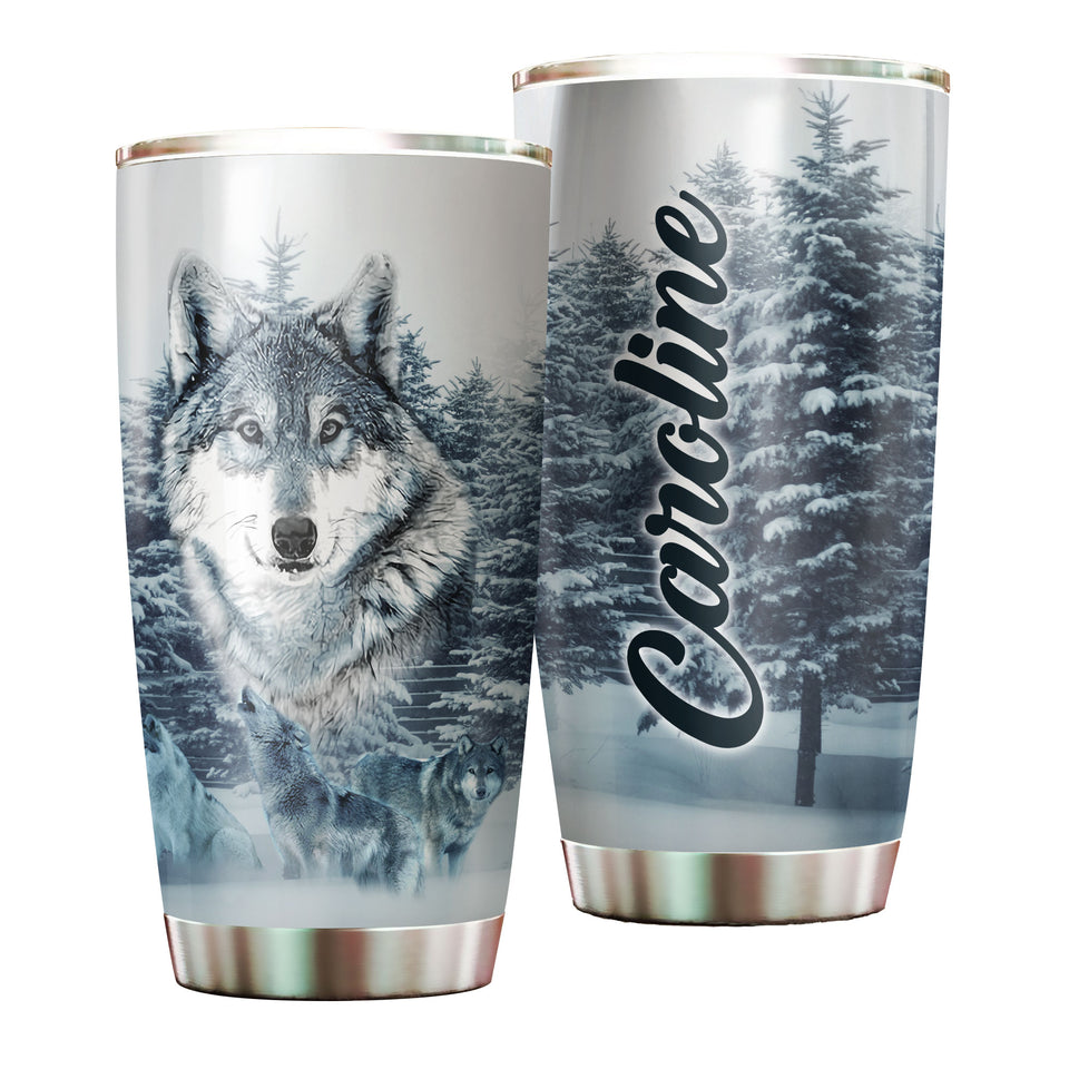 Camellia Persionalized 3D Wolf In Forest Stainless Steel Tumbler - Customized Double - Walled Insulation Travel Thermal Cup With Lid Gift For Wolf Lover