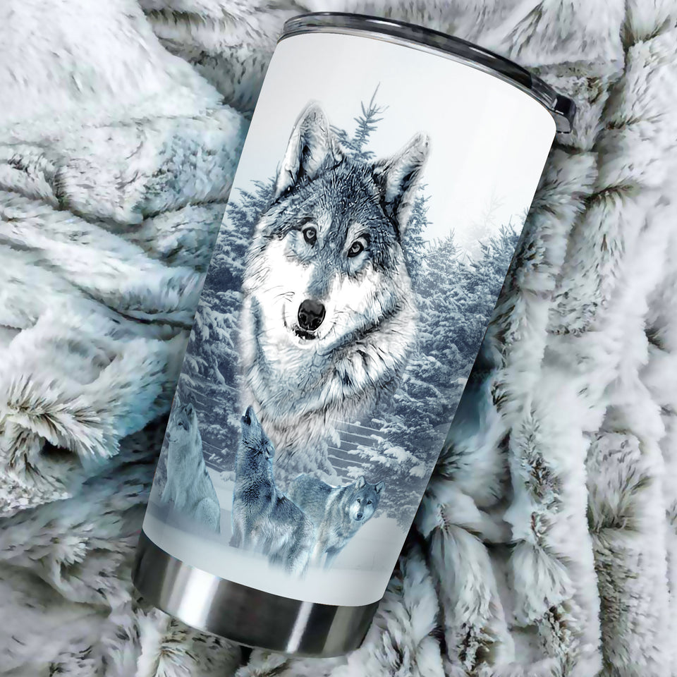 Camellia Persionalized 3D Wolf In Forest Stainless Steel Tumbler - Customized Double - Walled Insulation Travel Thermal Cup With Lid Gift For Wolf Lover