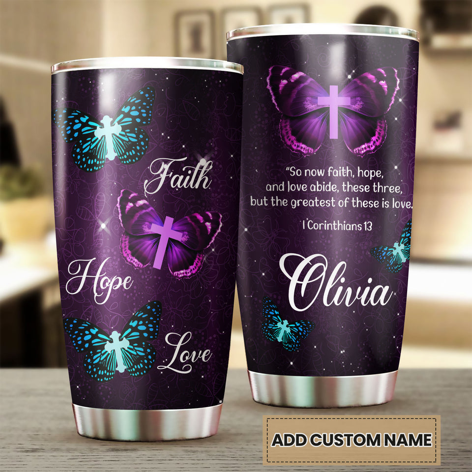 Camellia Personalized Butterfly Faith Hope Love Glory Cross Christian Stainless Steel Tumbler - Double-Walled Insulation Vacumm Flask - For Thanksgiving, Memorial Day, Christians, Christmas Gif
