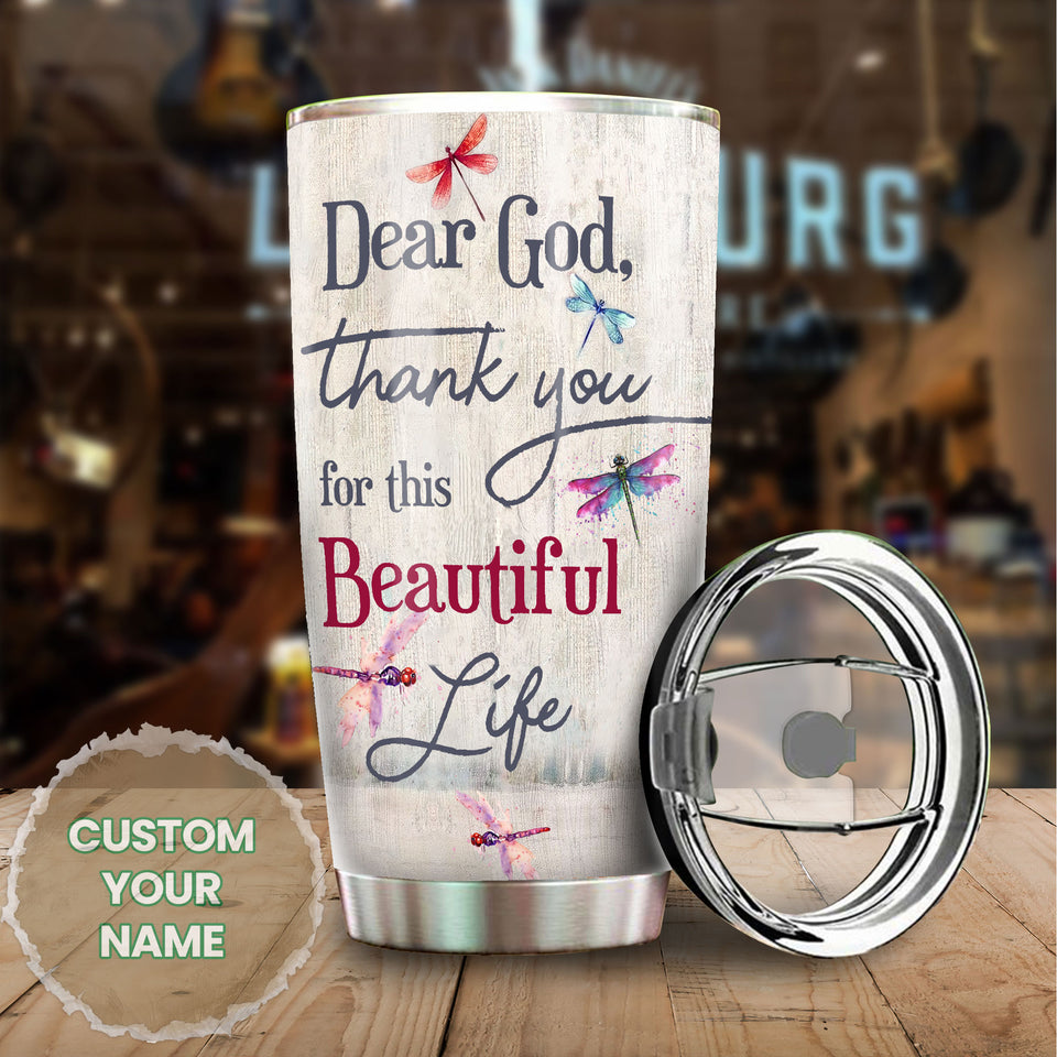 Camellia Personalized Dragonfly Flowers Dear God Thank You For This Beautiful Life Stainless Steel Tumbler - Customized Double-Walled Insulation Travel Thermal Cup With Lid Gift For Christian