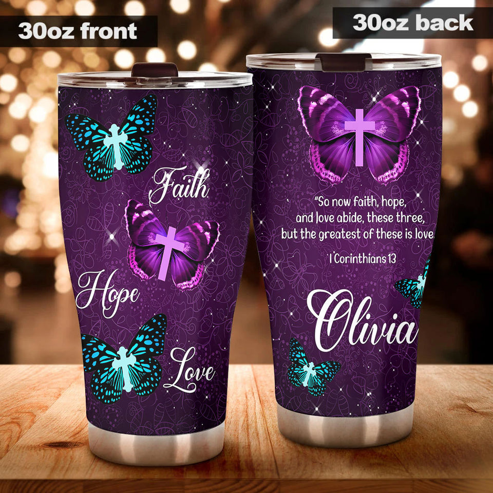 Camellia Personalized Butterfly Faith Hope Love Glory Cross Christian Stainless Steel Tumbler - Double-Walled Insulation Vacumm Flask - For Thanksgiving, Memorial Day, Christians, Christmas Gif