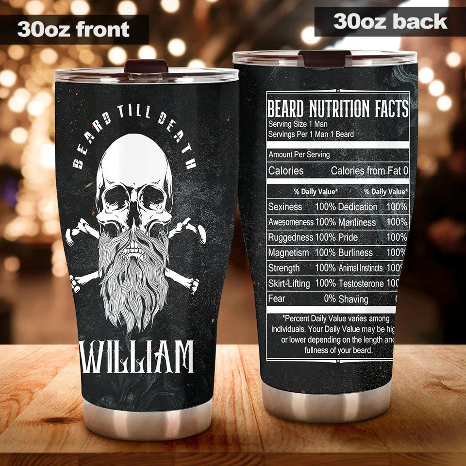 Camellia Persionalized 3D Beard Till Death Skull Stainless Steel Tumbler - Customized Double - Walled Insulation Travel Thermal Cup With Lid