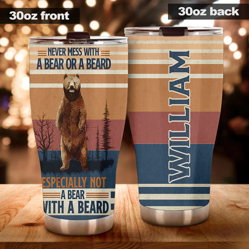 Camellia Persionalized 3D Never Mess With A Bear Or A Beard  Stainless Steel Tumbler - Customized Double - Walled Insulation Travel Thermal Cup With Lid