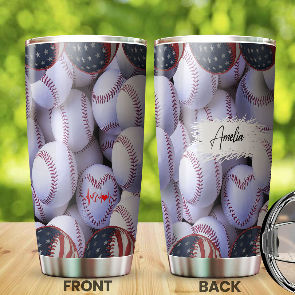 Camellia Persionalized Baseball Stainless Steel Tumbler - Customized Double - Walled Insulation Travel Thermal Cup With Lid