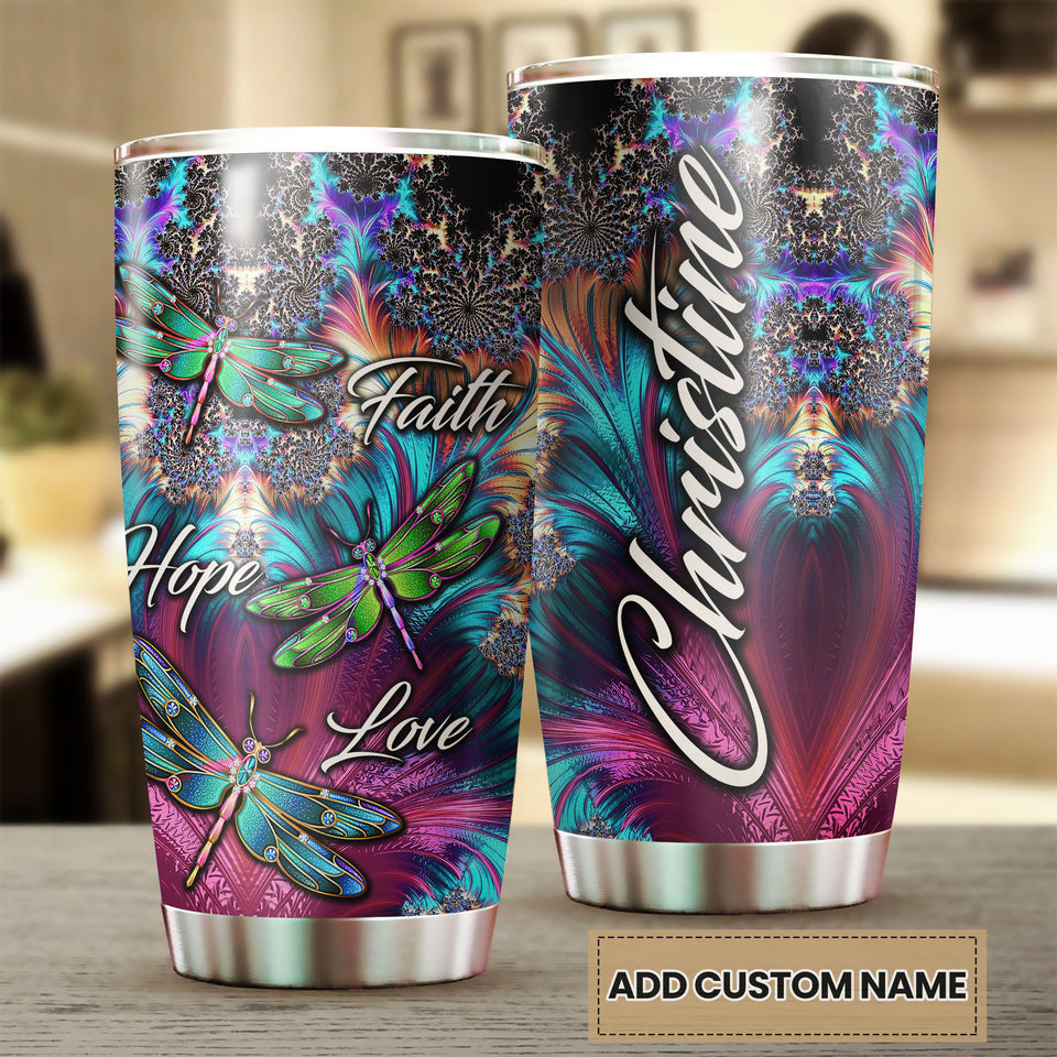 Camellia Personalized Dragonfly Faith Hope Love White Stainless Steel Tumbler-Double-Walled Travel Therma Cup With Lid