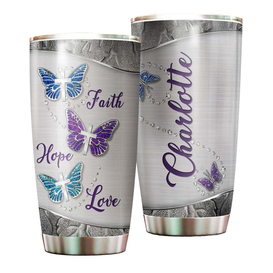 Camellia Personalized Butterfly Silver Faith Hope Love Cross Stainless Steel Tumbler - Double-Walled Insulation Vacumm Flask - For Thanksgiving, Memorial Day, Christians, Christmas Gift
