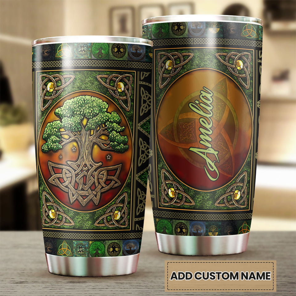 Camellia Personalized Tree Celtic Art Stainless Steel Tumbler - Customized Double-Walled Insulation Travel Thermal Cup With Lid