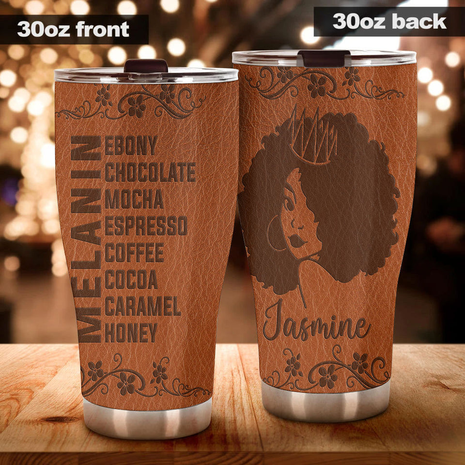 Camellia Personalized Black Queen Leather Style Stainless Steel Tumbler - Double-Walled Insulation Vacumm Flask - Gift For Black Queen, International Women's Day, Hippie Girls
