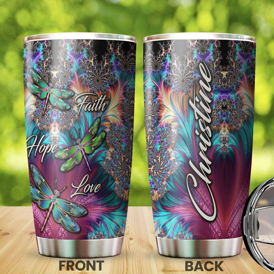 Camellia Personalized Dragonfly Faith Hope Love White Stainless Steel Tumbler-Double-Walled Travel Therma Cup With Lid