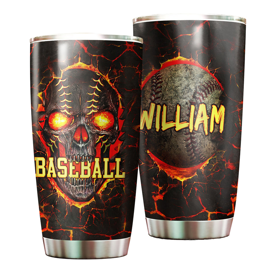 Camellia Persionalized Baseball Skull Stainless Steel Tumbler - Customized Double - Walled Insulation Travel Thermal Cup With Lid Gift For Baseball Lover