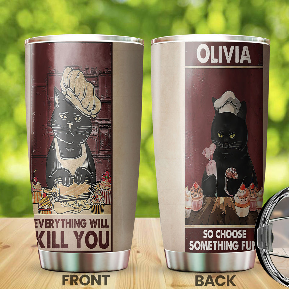 Camellia Personalized Baking Choose Something Fun Stainless Steel Tumbler - Double-Walled Insulation Vacumm Flask - Gift For Black Cat Lovers, Black Cat Day, Baking Fans