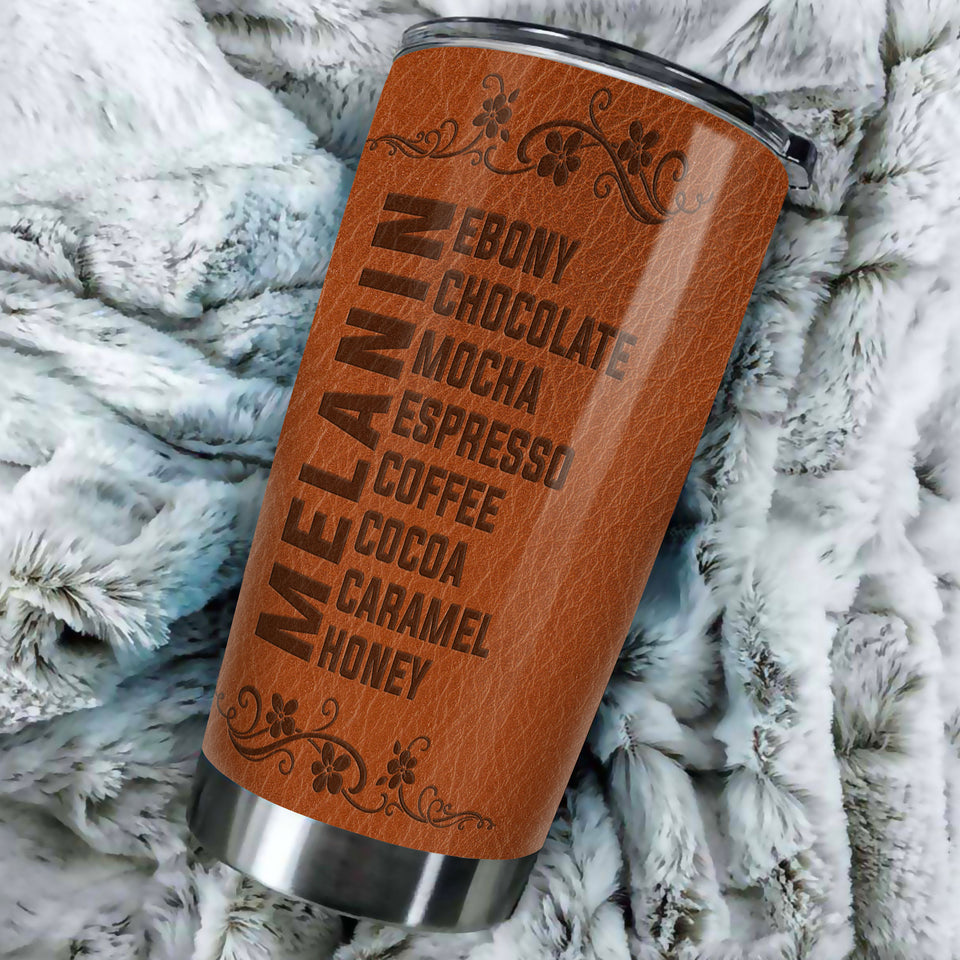 Camellia Personalized Black Queen Leather Style Stainless Steel Tumbler - Double-Walled Insulation Vacumm Flask - Gift For Black Queen, International Women's Day, Hippie Girls