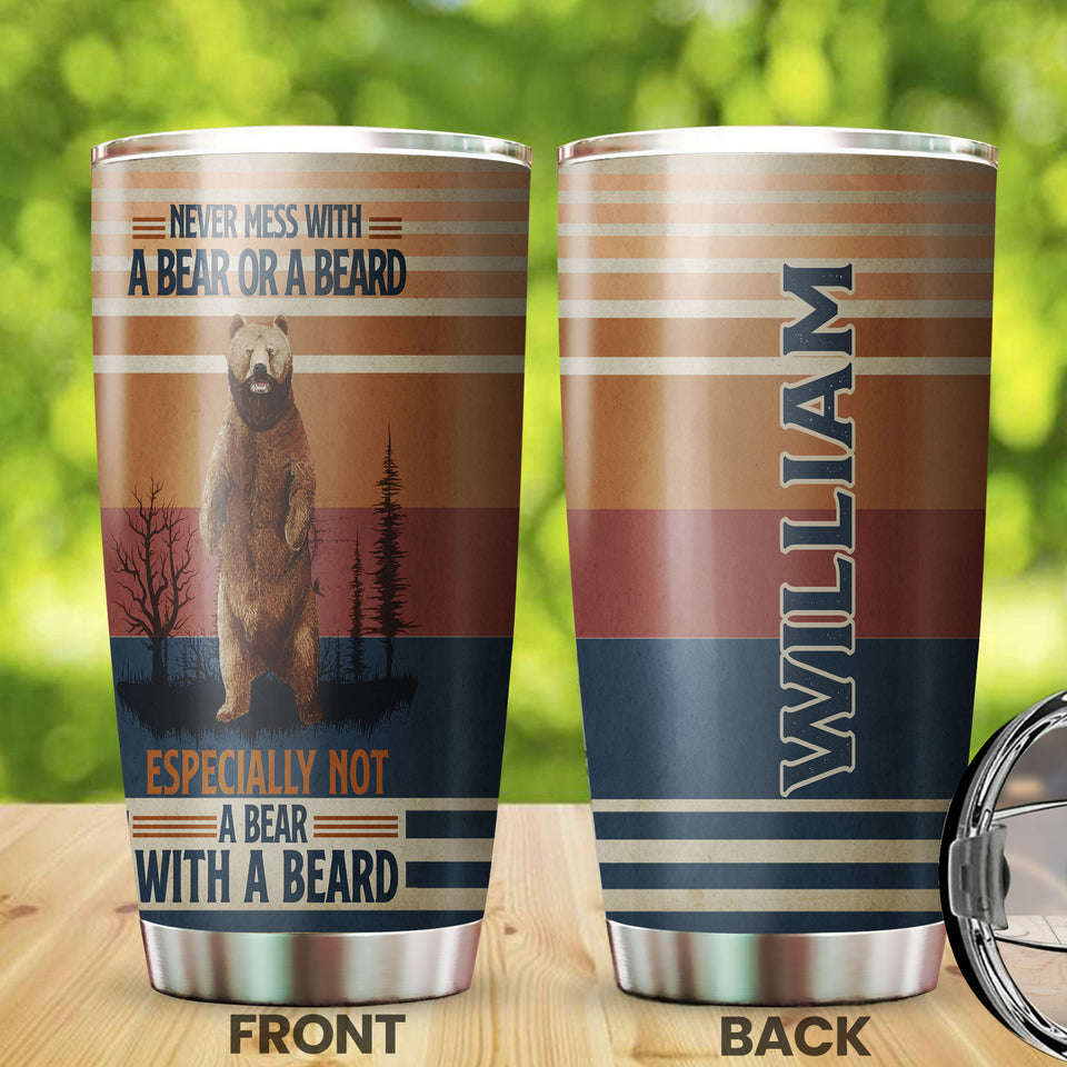 Camellia Persionalized 3D Never Mess With A Bear Or A Beard  Stainless Steel Tumbler - Customized Double - Walled Insulation Travel Thermal Cup With Lid