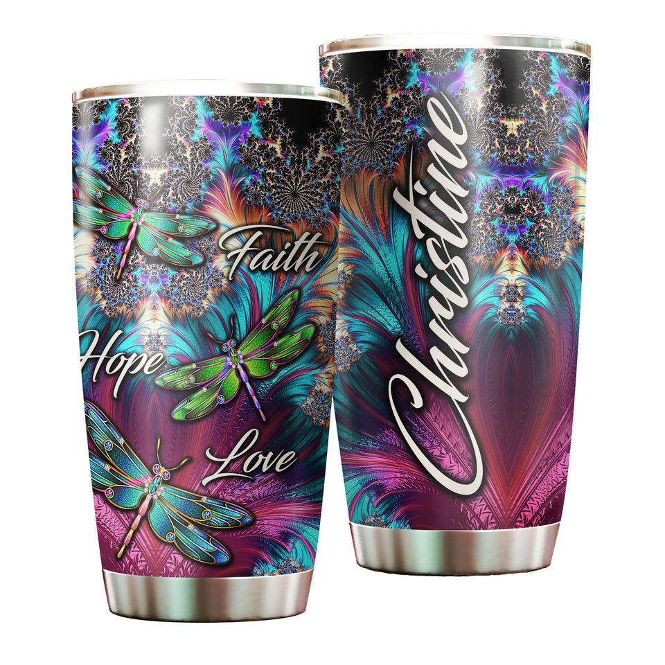Camellia Personalized Dragonfly Faith Hope Love White Stainless Steel Tumbler-Double-Walled Travel Therma Cup With Lid