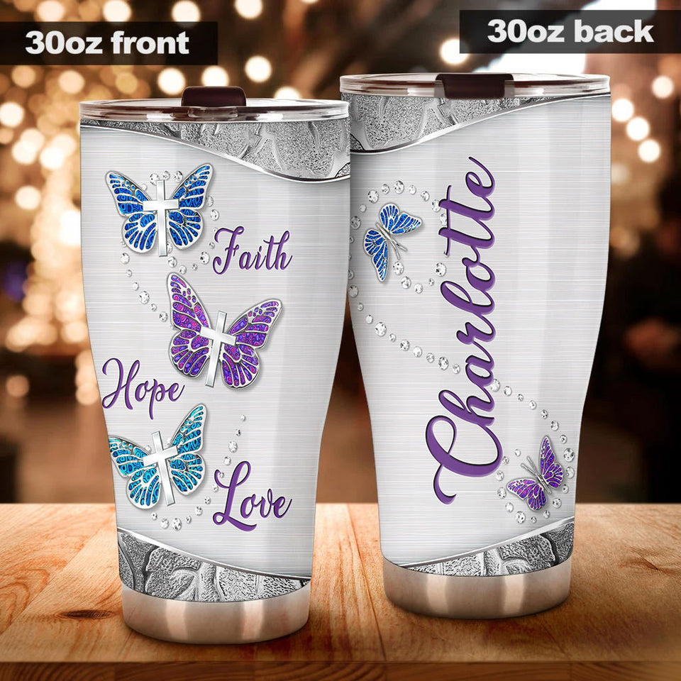 Camellia Personalized Butterfly Silver Faith Hope Love Cross Stainless Steel Tumbler - Double-Walled Insulation Vacumm Flask - For Thanksgiving, Memorial Day, Christians, Christmas Gift