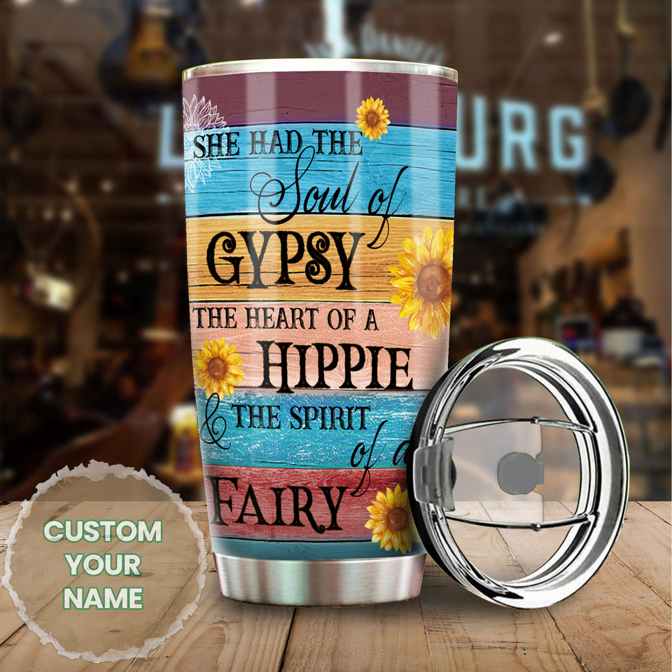Camellia Personalized Hippie Style She Had The Soul Of Gypsy Stainless Steel Tumbler-Double-Walled Insulation Travel Cup With Lid Gift For Hippie Girl