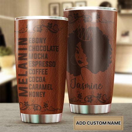 Camellia Personalized Black Queen Leather Style Stainless Steel Tumbler - Double-Walled Insulation Vacumm Flask - Gift For Black Queen, International Women's Day, Hippie Girls
