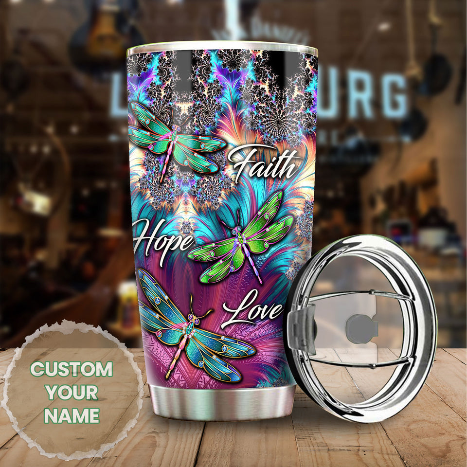 Camellia Personalized Dragonfly Faith Hope Love White Stainless Steel Tumbler-Double-Walled Travel Therma Cup With Lid