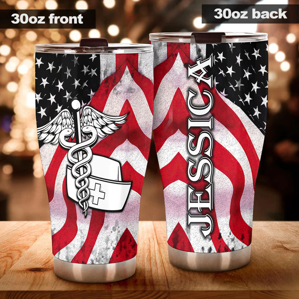 Camellia Personalized American Flag Nurse Stainless Steel Tumbler - Double-Walled Insulation Vacumm Flask - Gift For Nurse, Christmas Gift, International Nurses Day