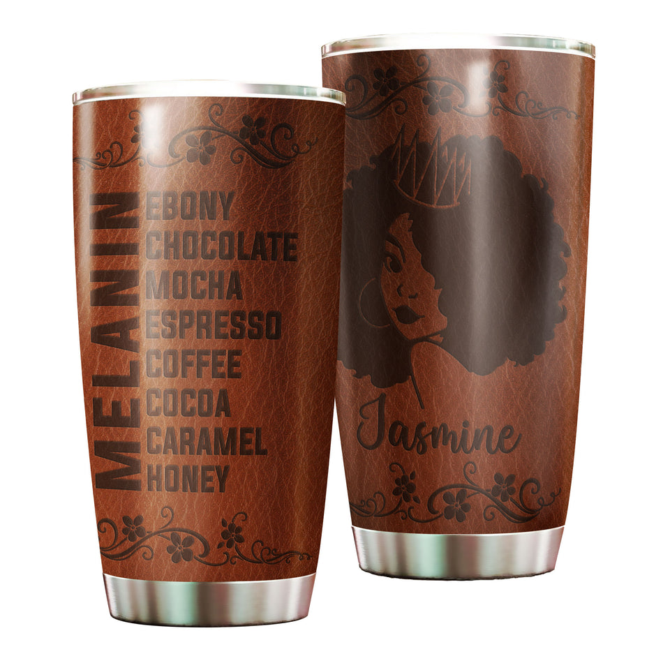 Camellia Personalized Black Queen Leather Style Stainless Steel Tumbler - Double-Walled Insulation Vacumm Flask - Gift For Black Queen, International Women's Day, Hippie Girls