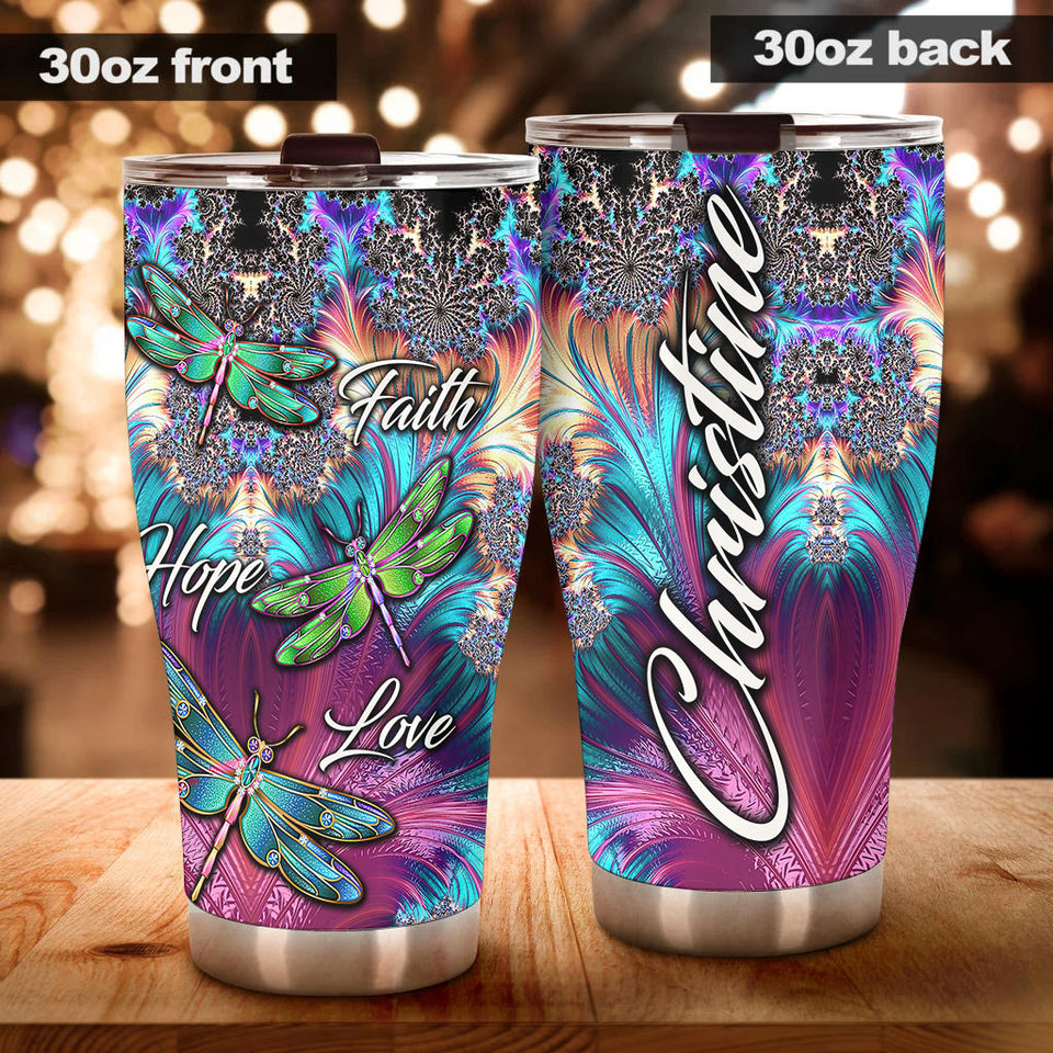 Camellia Personalized Dragonfly Faith Hope Love White Stainless Steel Tumbler-Double-Walled Travel Therma Cup With Lid