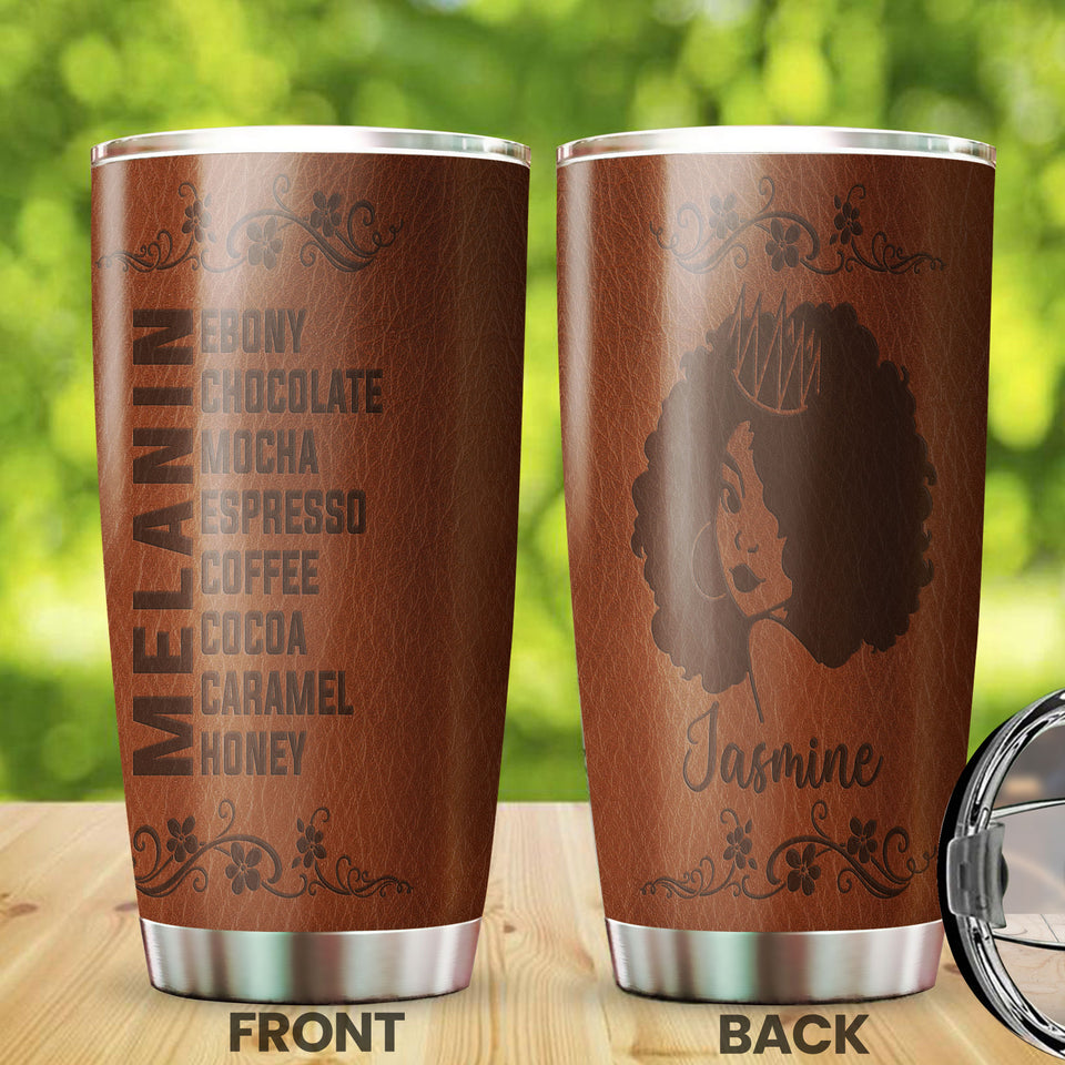 Camellia Personalized Black Queen Leather Style Stainless Steel Tumbler - Double-Walled Insulation Vacumm Flask - Gift For Black Queen, International Women's Day, Hippie Girls
