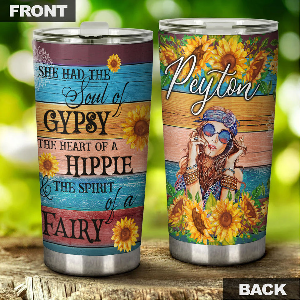 Camellia Personalized Hippie Style She Had The Soul Of Gypsy Stainless Steel Tumbler-Double-Walled Insulation Travel Cup With Lid Gift For Hippie Girl