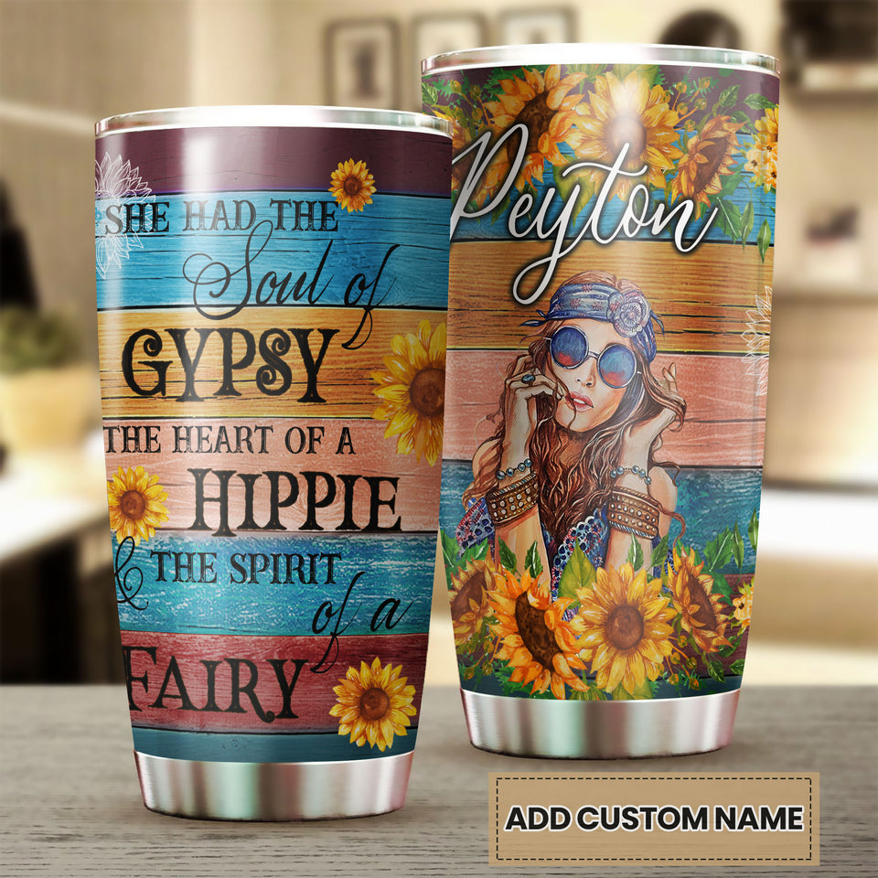 Camellia Personalized Hippie Style She Had The Soul Of Gypsy Stainless Steel Tumbler-Double-Walled Insulation Travel Cup With Lid Gift For Hippie Girl
