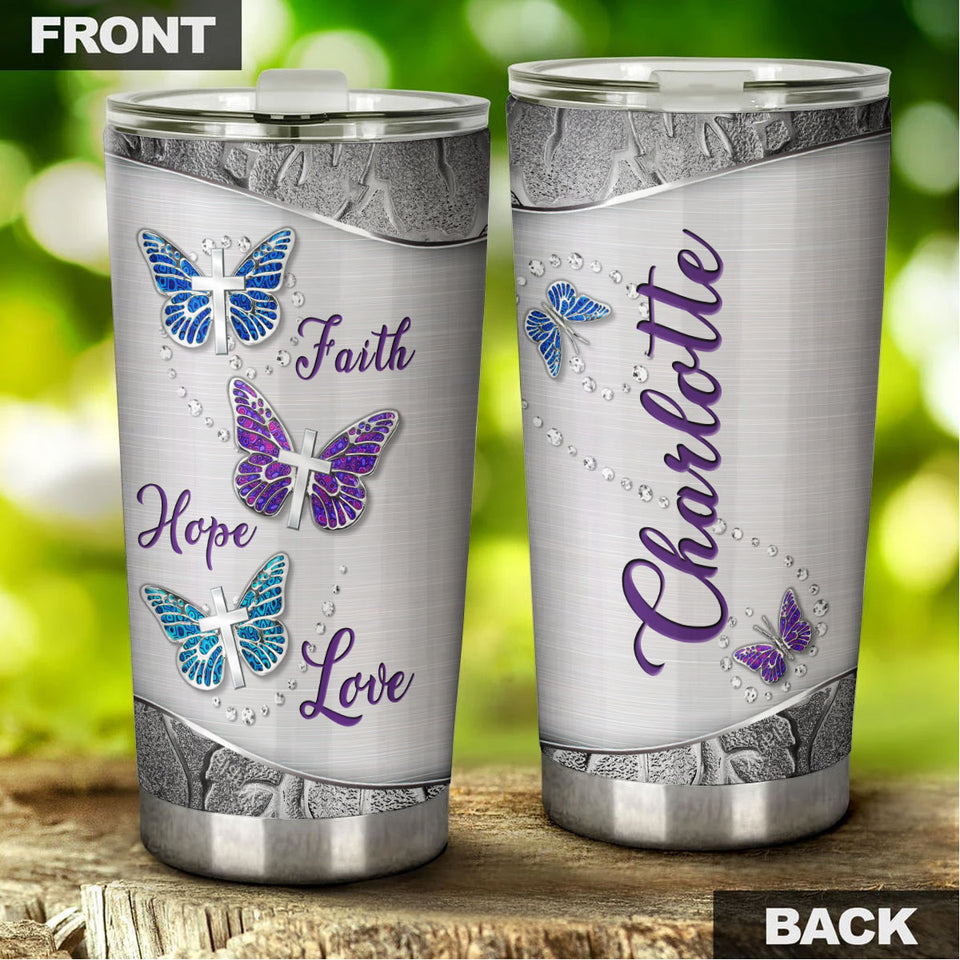 Camellia Personalized Butterfly Silver Faith Hope Love Cross Stainless Steel Tumbler - Double-Walled Insulation Vacumm Flask - For Thanksgiving, Memorial Day, Christians, Christmas Gift