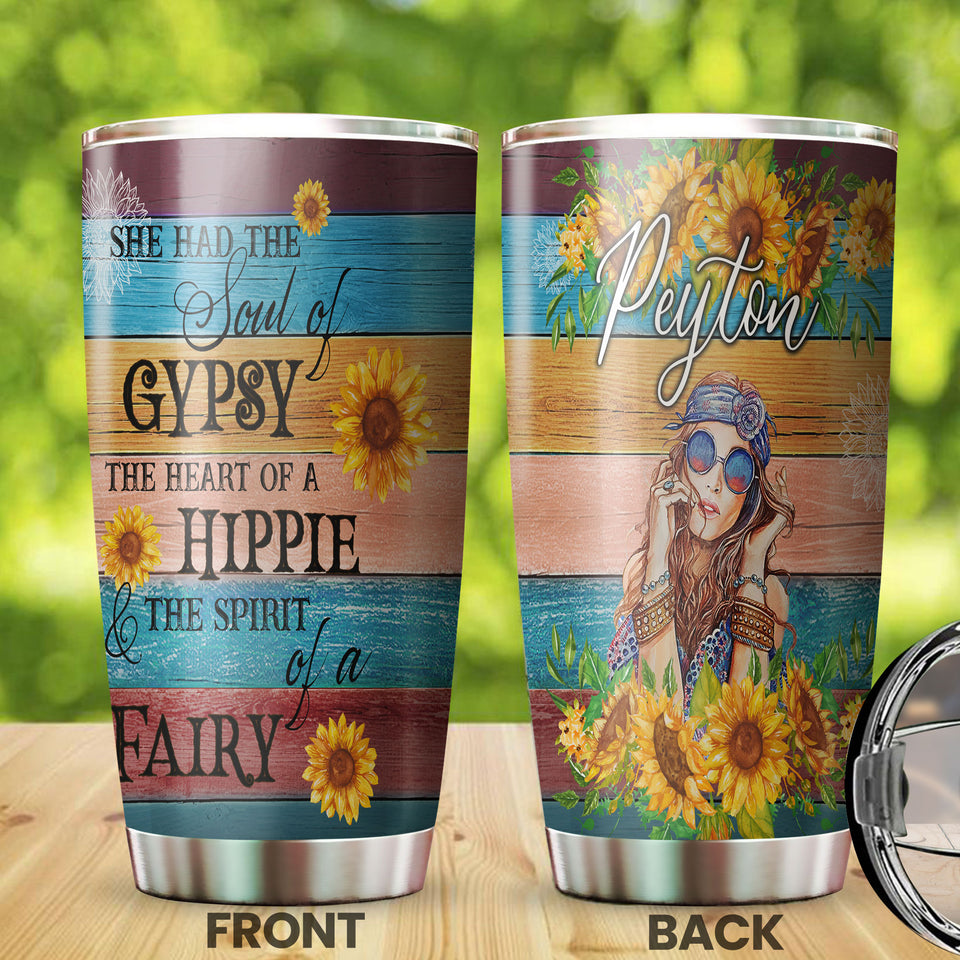 Camellia Personalized Hippie Style She Had The Soul Of Gypsy Stainless Steel Tumbler-Double-Walled Insulation Travel Cup With Lid Gift For Hippie Girl