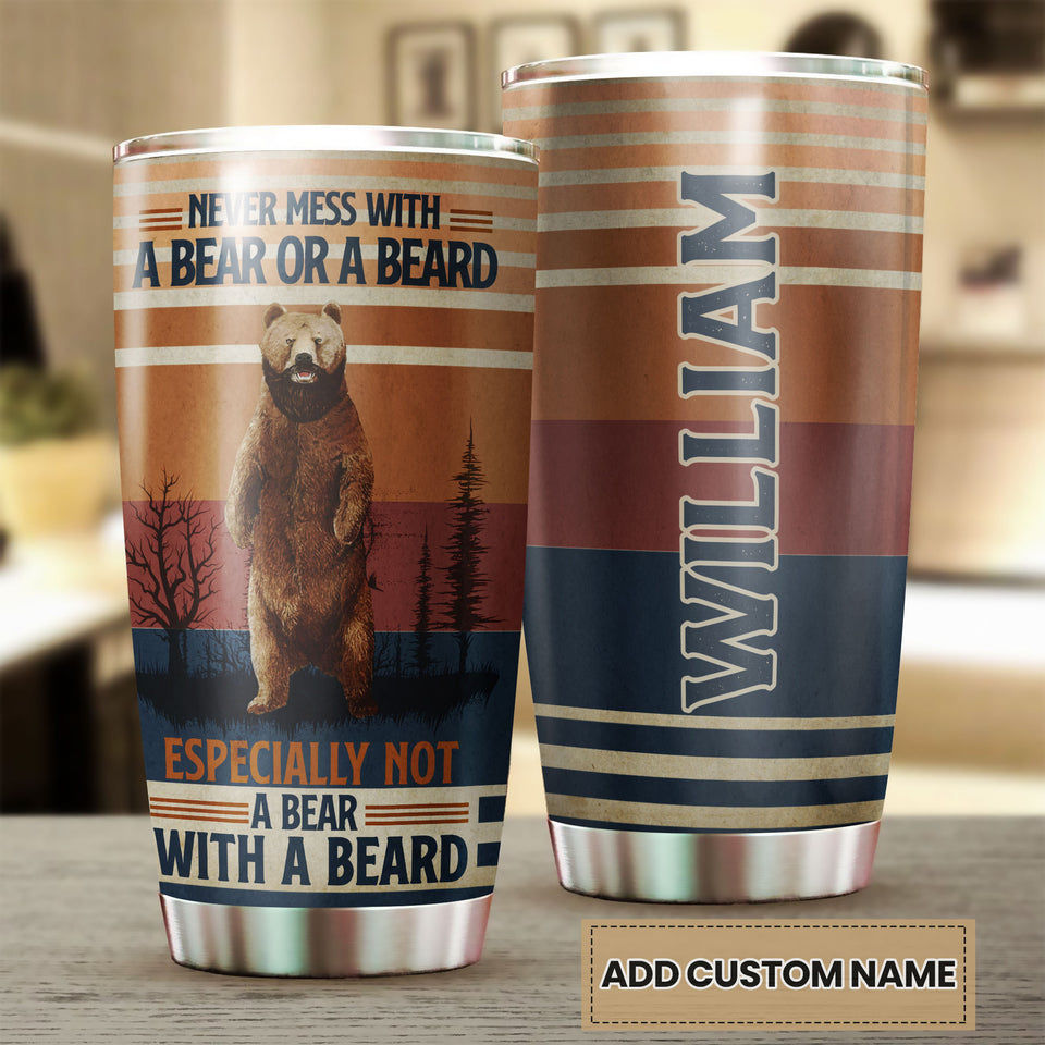 Camellia Persionalized 3D Never Mess With A Bear Or A Beard  Stainless Steel Tumbler - Customized Double - Walled Insulation Travel Thermal Cup With Lid
