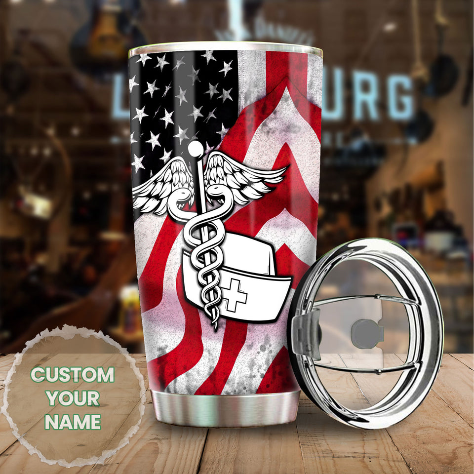 Camellia Personalized American Flag Nurse Stainless Steel Tumbler - Double-Walled Insulation Vacumm Flask - Gift For Nurse, Christmas Gift, International Nurses Day