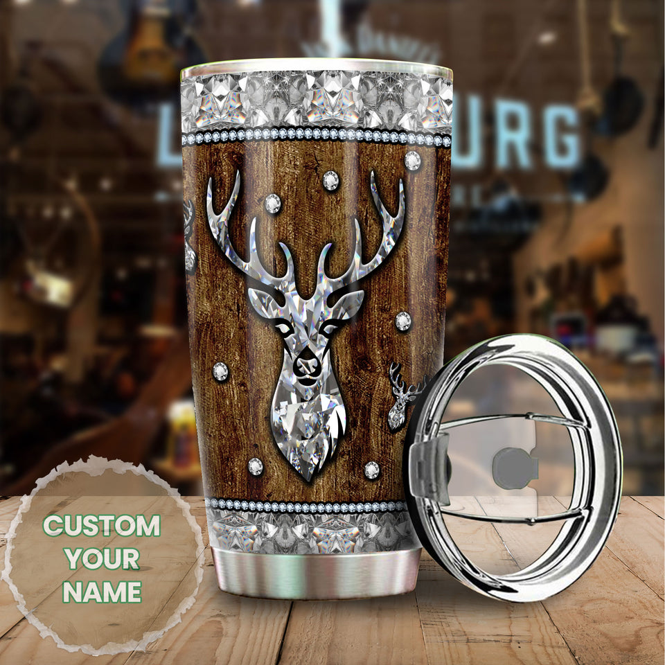 Camellia Personalized Deer Crystal Style Stainless Steel Tumbler - Customized Double-Walled Insulation Travel Thermal Cup With Lid Gift For Deer Lover