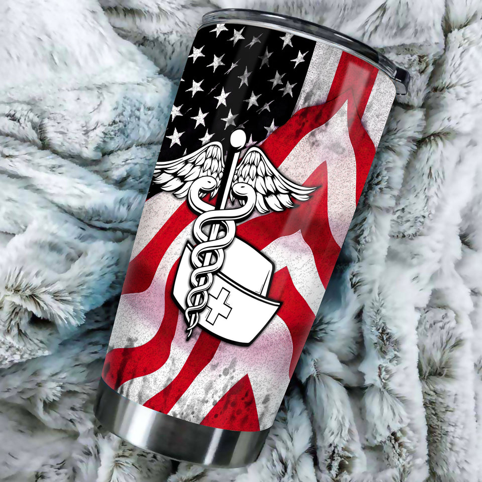 Camellia Personalized American Flag Nurse Stainless Steel Tumbler - Double-Walled Insulation Vacumm Flask - Gift For Nurse, Christmas Gift, International Nurses Day