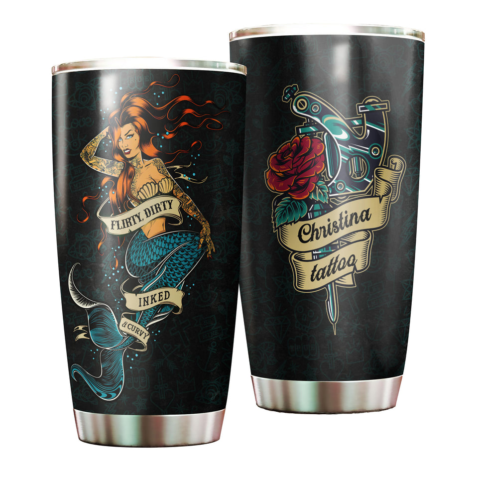 Camellia Persionalized Inked Mermaid Stainless Steel Tumbler - Customized Double - Walled Insulation Travel Thermal Cup With Lid Gift For Tattooist