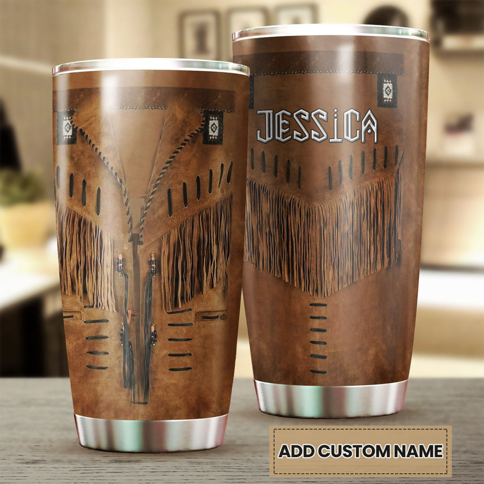 Camellia Personalized Native American Outfit Leather Style Stainless Steel Tumbler-Double-Walled Insulation Travel Cup With Lid