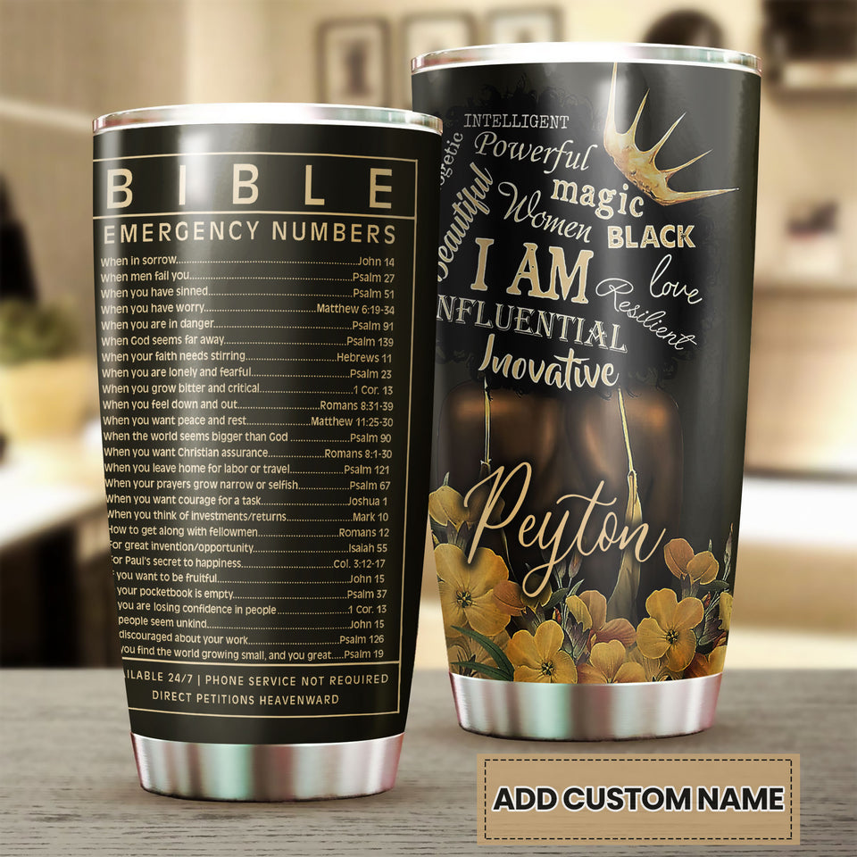 Camellia Personalized Black Woman Bible Emergency Numbers Stainless Steel Tumbler - Double-Walled Insulation Vacumm Flask - Gift For Black Queen, International Women's Day, Hippie Girls