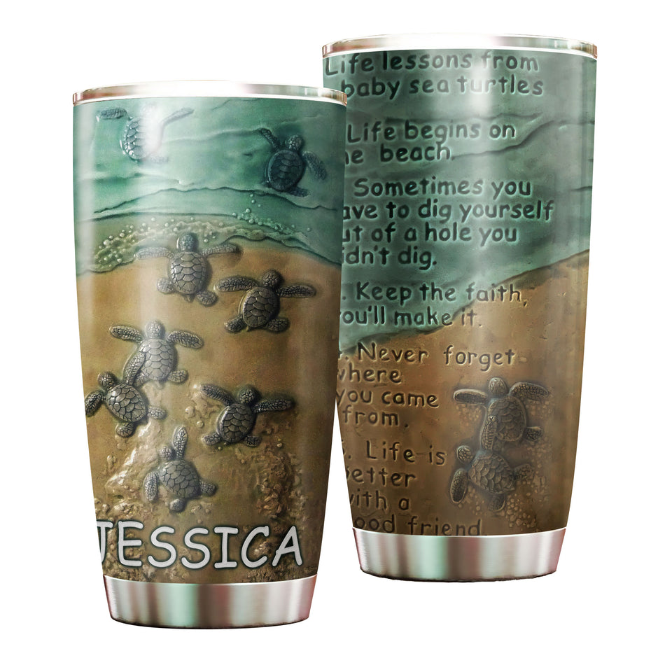 Camellia Personalized Baby Turtle Life Lesson Stainless Steel Tumbler - Double-Walled Insulation Vacumm Flask - Gift For Art Marine Life Researchers, Turtle Fans